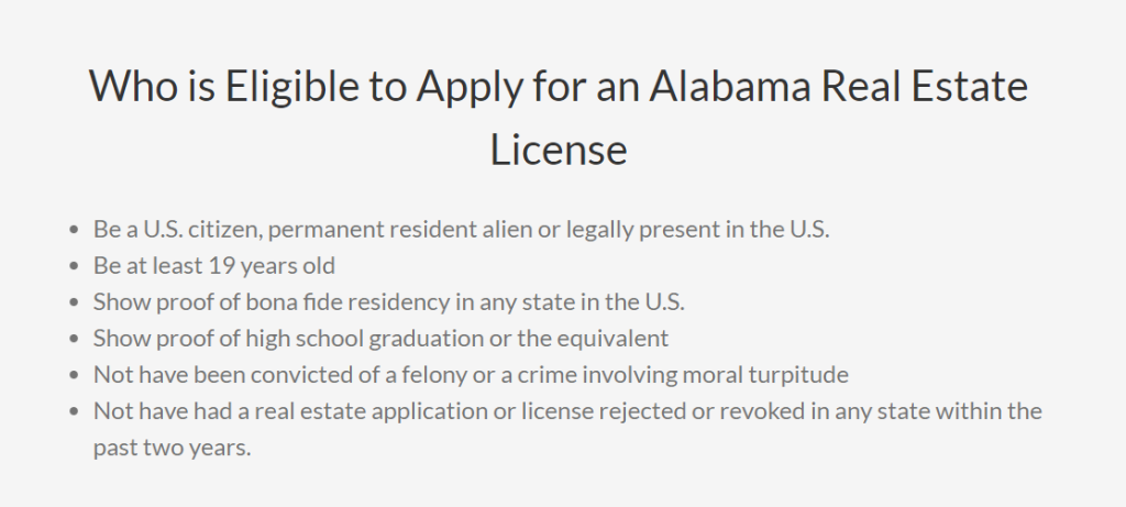 Alabama real estate salesperson license eligibility requirements