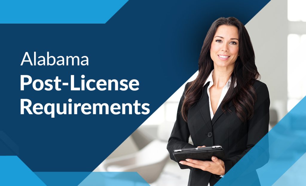 Image of a female professional with text overlay, License Classroom's Alabama Post-License Course Requirements