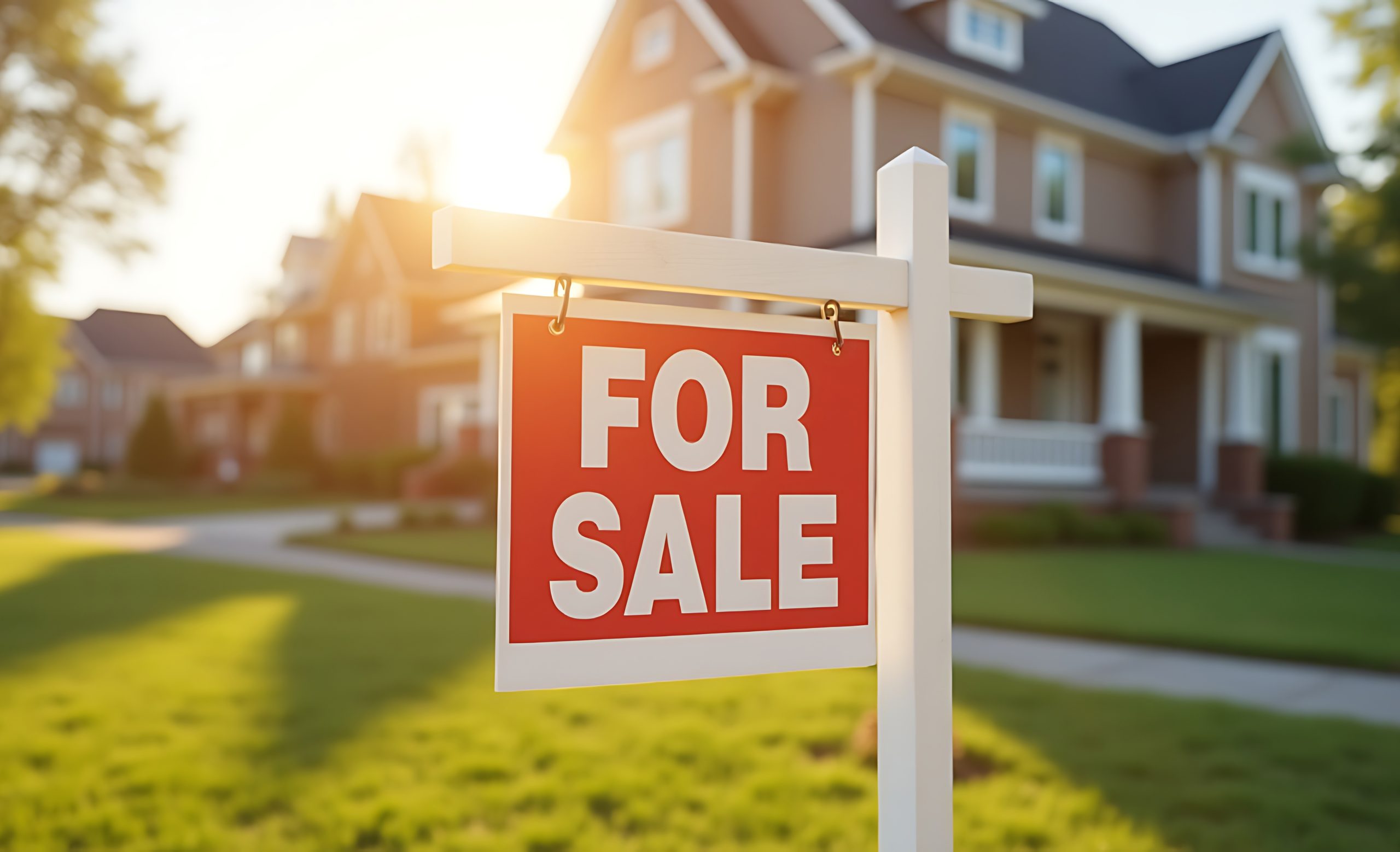 Suburban house for sale with “For Sale” sign in front